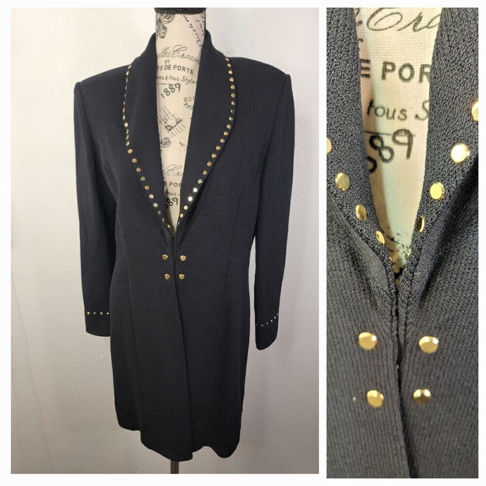 ST. JOHN Long Sweater Cardigan Womens Size 6 Santana Knit Black Gold Studs